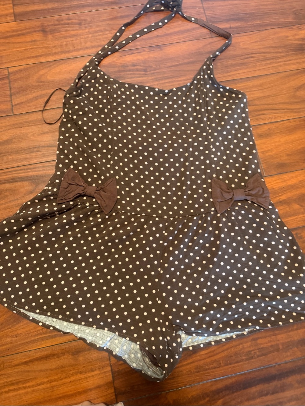 Free People Brown and White Polka Dot Halter Romper